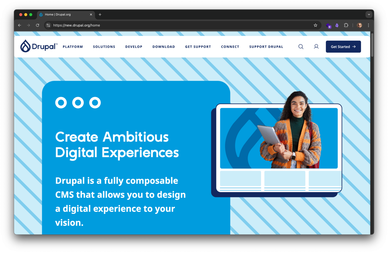 Drupal.org in January 2025 Screenshot of the Drupal.org homepage showcasing the updated brand with the tagline 'Create ambitious digital experiences,' presented in a bold and vibrant design.